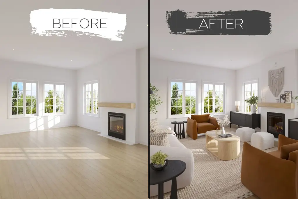 Before and after home interior renovation showcasing modern living room design