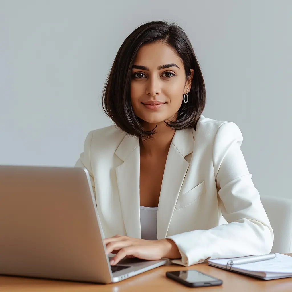 Dakshata Patil, founder and owner of the Korean clothing brand DCAT, working at her desk in Mumbai, wearing an off-white blazer.