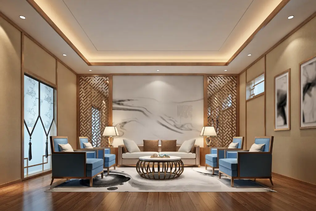 False ceiling and lighting design with recessed lights and elegant wooden accents in a modern living room
