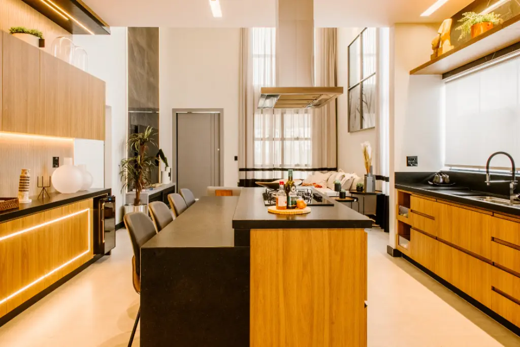 Sleek modular kitchen design with functional layout, modern cabinets, and integrated lighting