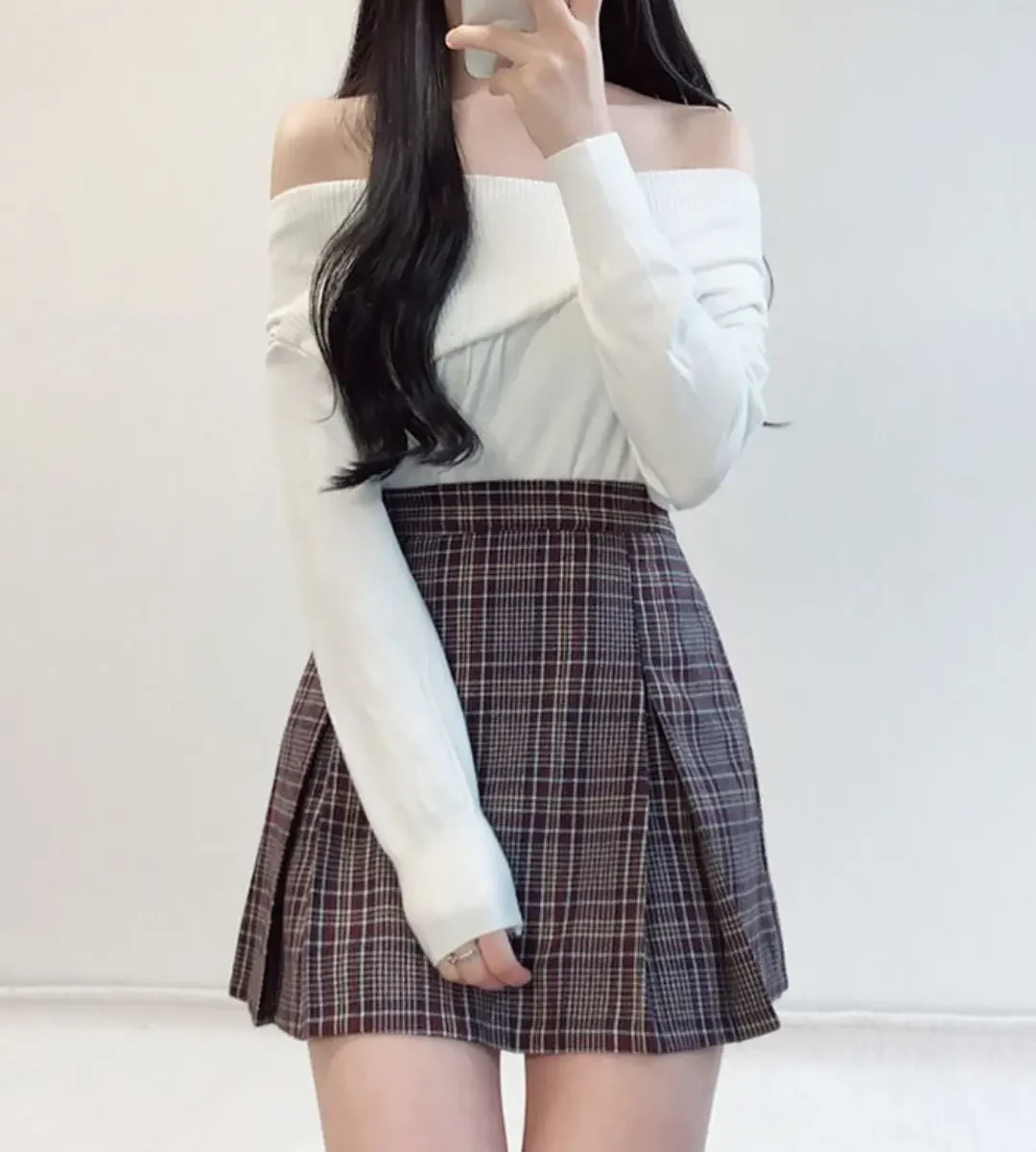 Korean brown plaid mini skirt